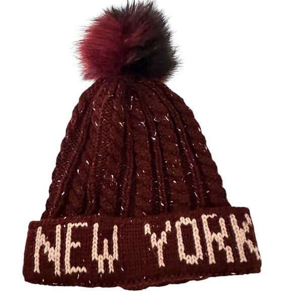 Robin Ruth New York Pom Pom Beanie Winter Knit Cap Hat Burgundy and Beige NWOT - Picture 6 of 11